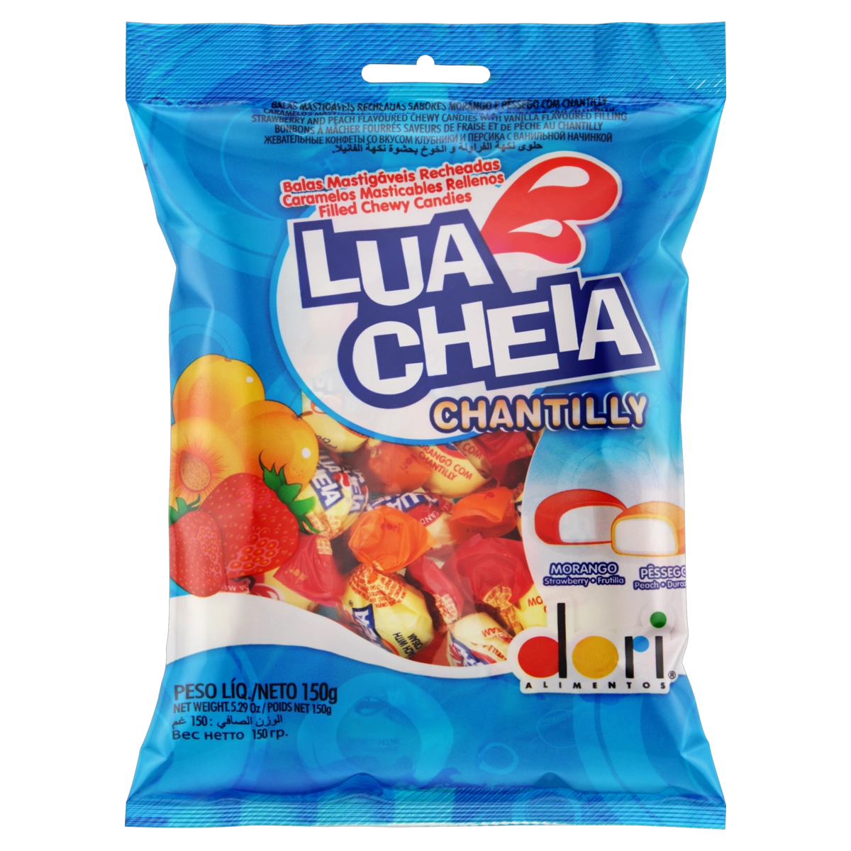 Bala Com Recheio De Morango E Pêssego Dori Lua Cheia Chantilly Pacote 150g