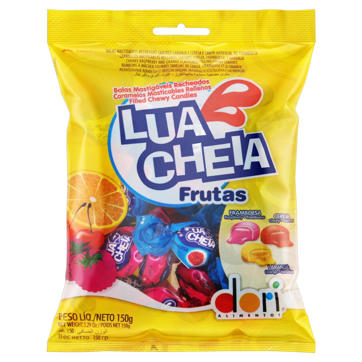Bala Com Recheio De Framboesa, Cereja E Laranja Dori Lua Cheia Frutas Pacote 150g