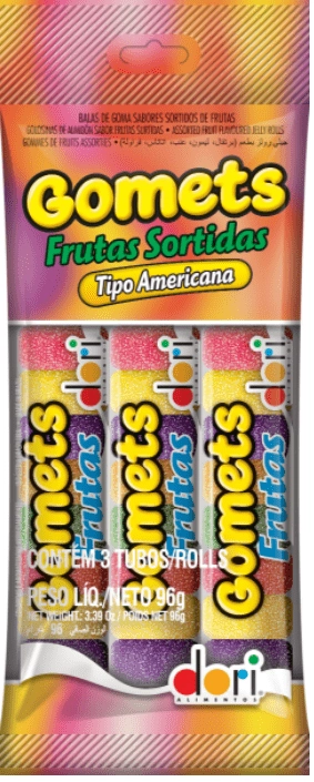 Pack Bala De Goma Americana Frutas Sortidas Dori Gomets Pacote 96g 3 Unidades