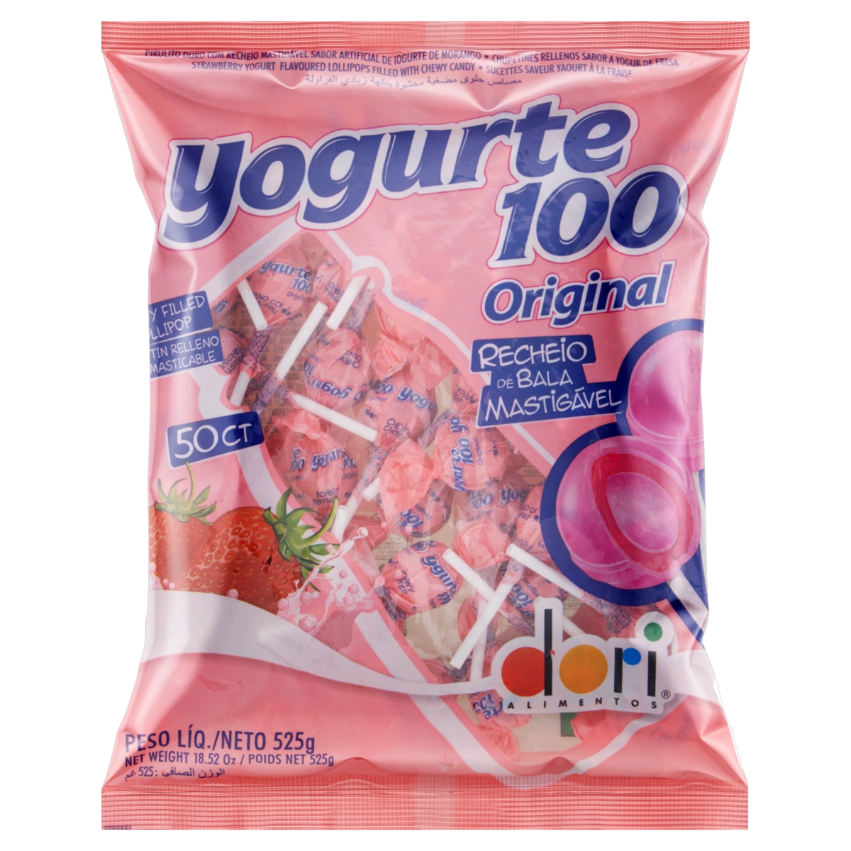 Pirulito Recheio Mastigável Iogurte De Morango Yogurte 100 Pacote 525g