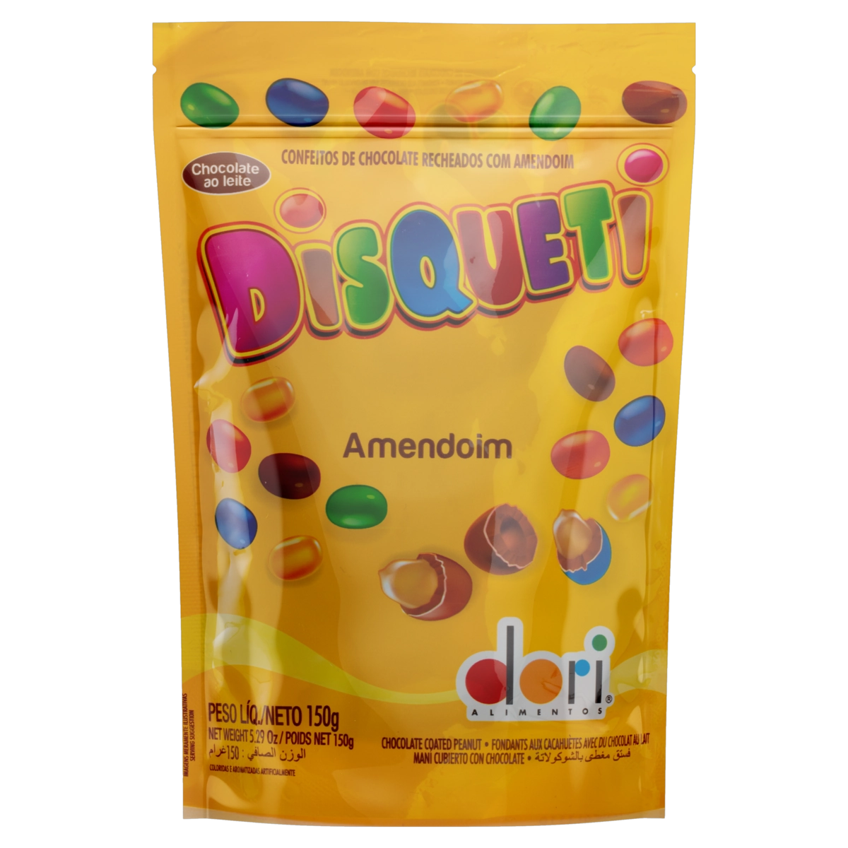 Confeito De Chocolate Ao Leite Recheado Com Amendoim Disqueti Sachê 150g
