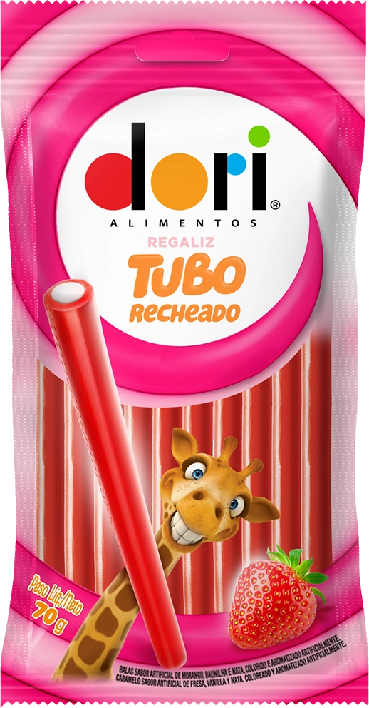 Bala Regaliz Morango Recheio Creme Tubo Dori Pacote 70g