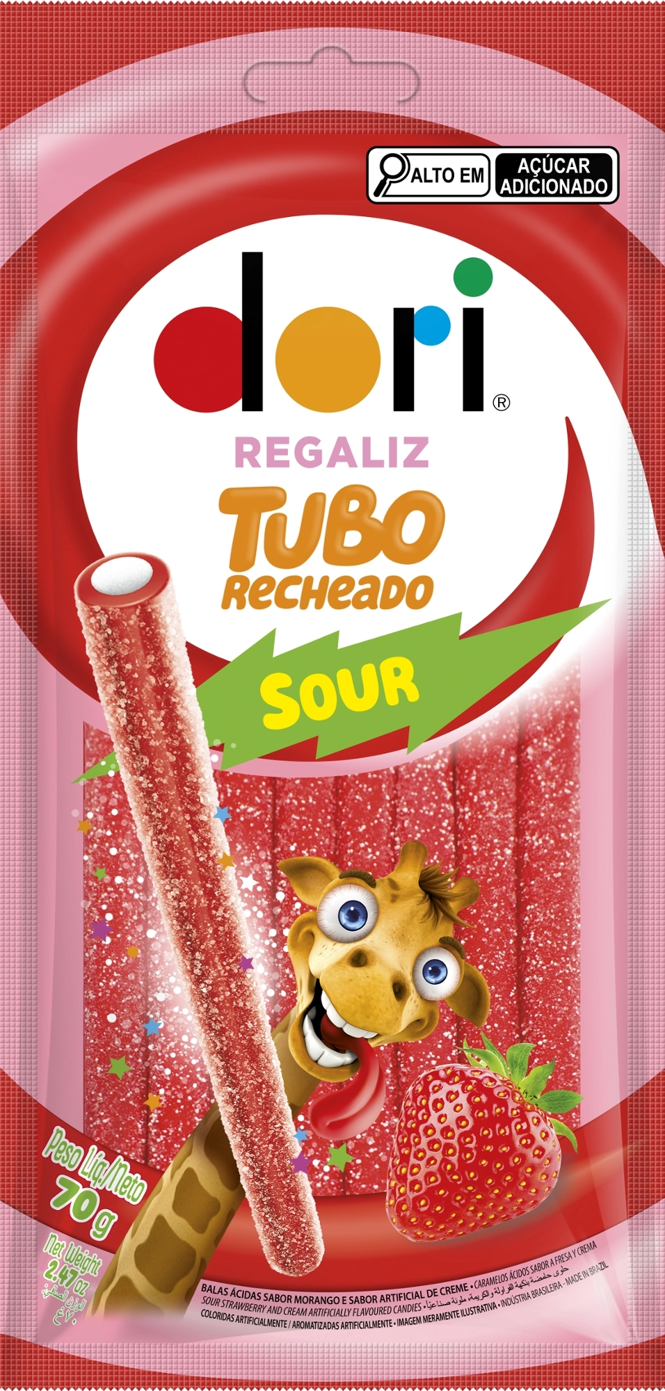 Bala Regaliz Morango ácido Recheio Creme Tubo Dori Pacote 70g