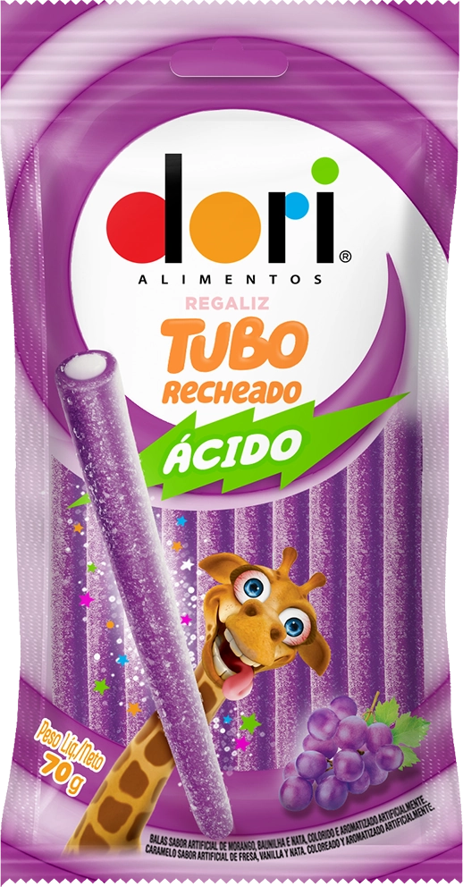 Bala Regaliz Uva ácida Recheio Nata Tubo Dori Pacote 70g