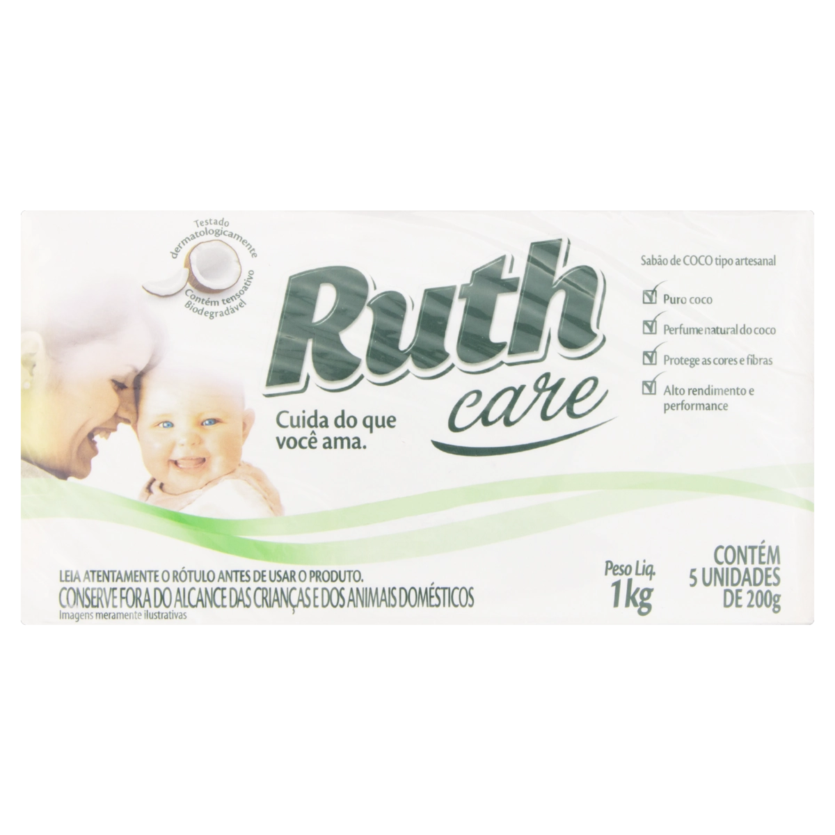 Sabão Barra Artesanal Coco Ruth Care Pacote 1kg 5 Unidades