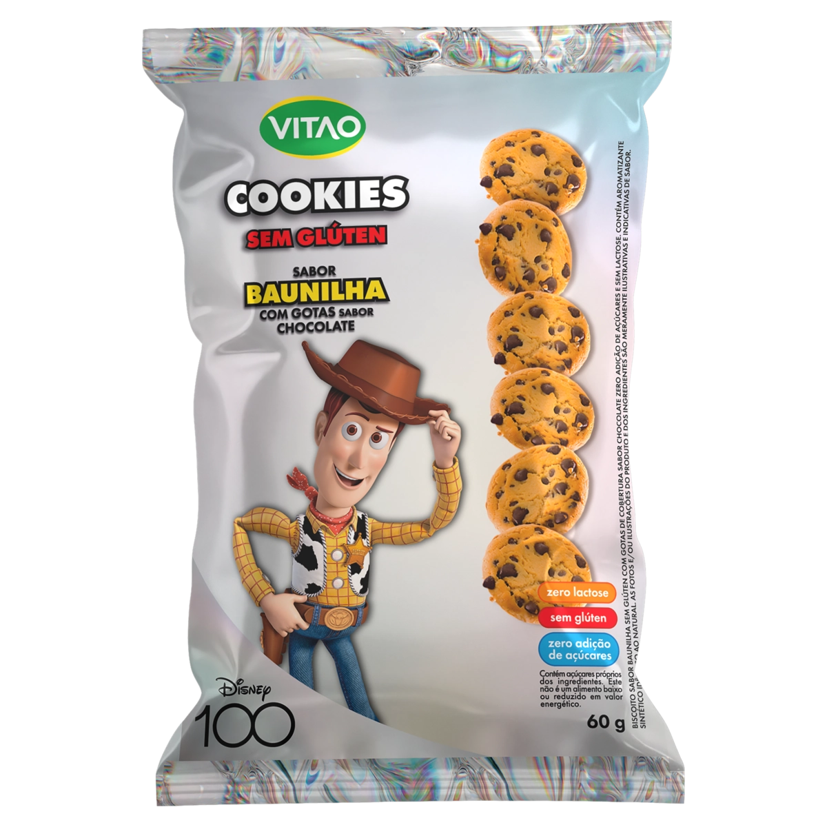 Biscoito Cookie Vegano Baunilha Com Gotas De Chocolate Sem Glúten Toy Story Vitao Pacote 60g