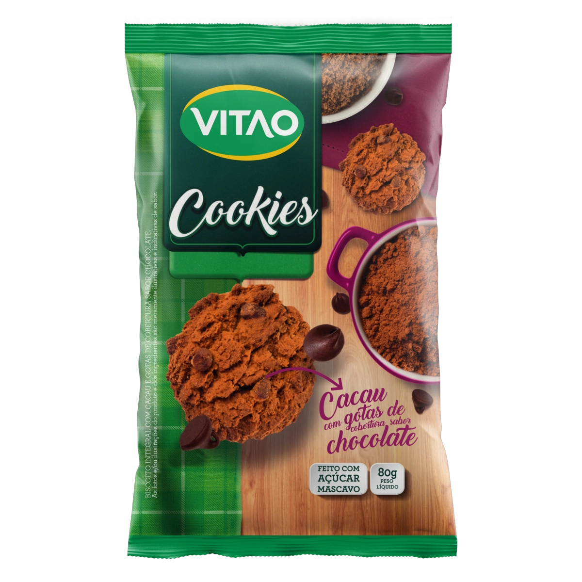 Biscoito Cookie Integral Cacau Com Gotas De Chocolate Vitao Pacote 80g