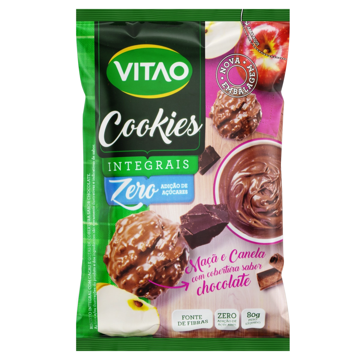 Biscoito Cookie Integral Maçã E Canela Cobertura Chocolate Vitao Pacote 80g