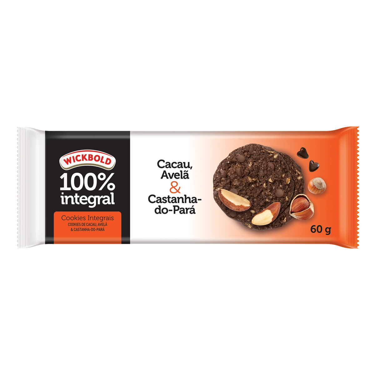 Biscoito Cookie Integral Cacau, Avelã Castanha Do Pará Wickbold Pacote 60g