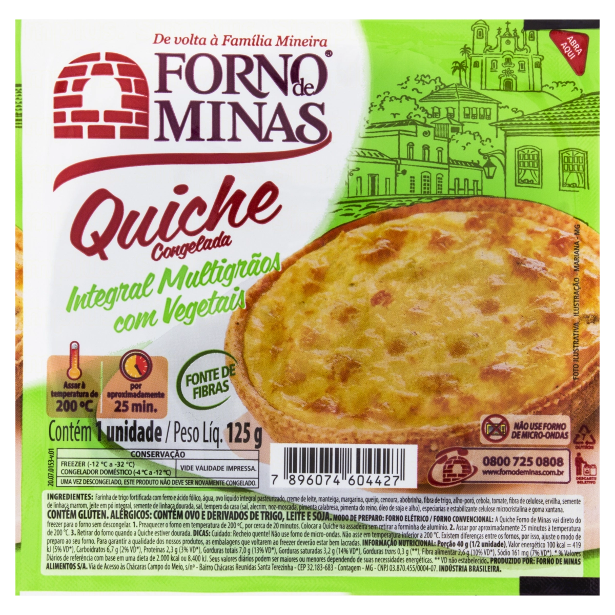 Quiche Congelado Integral Multigrãos Com Vegetais Forno De Minas Bandeja 125g