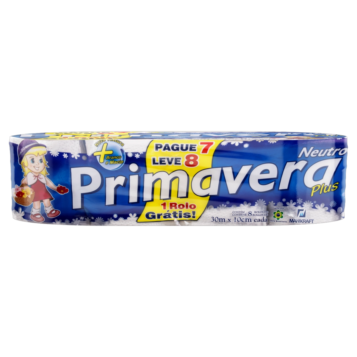 Papel Higiênico Folha Simples Neutro Primavera Plus 30m Pacote Leve 8 Pague 7 Unidades