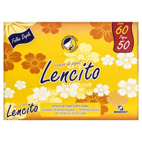 Lenço De Papel Folha Dupla Lencito Caixa Leve 60 Pague 50 Unidades