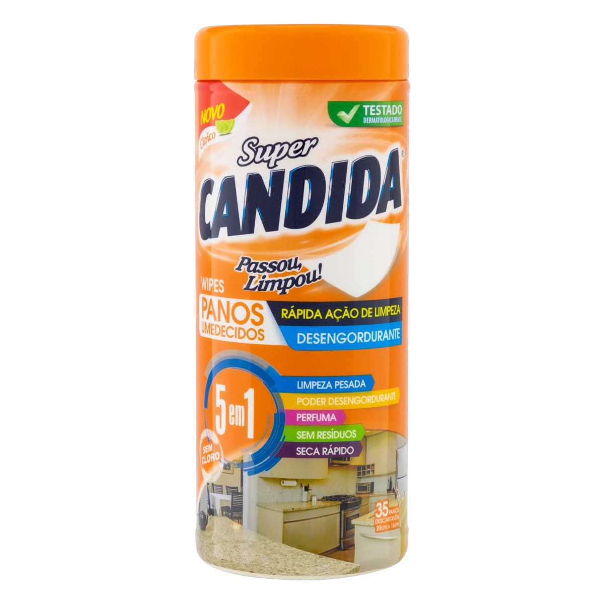 Pano Umedecido Desengordurante Cítrico Super Candida Pote 35 Unidades