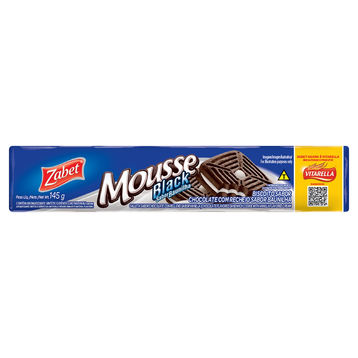 Biscoito Chocolate Recheio Baunilha Zabet Mousse Black Pacote 145g