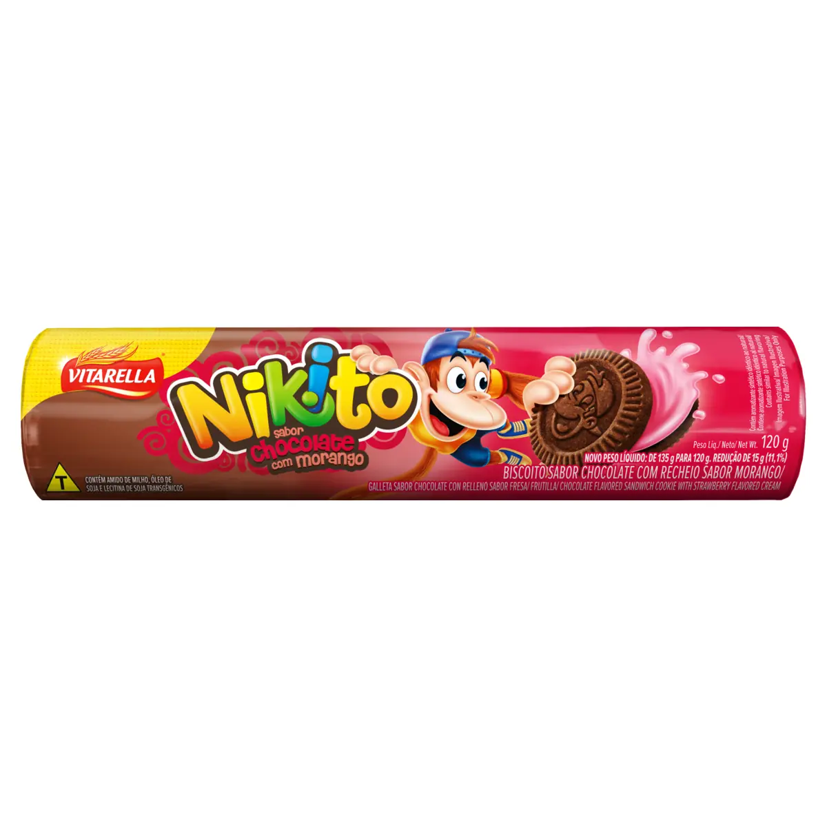 Biscoito Chocolate Recheio Morango Vitarella Nikito Pacote 120g