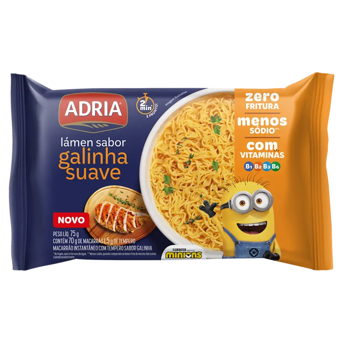 Macarrão Instantâneo Lámen Galinha Suave Minions Adria Pacote 75g