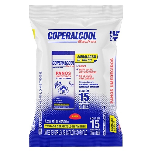 Pano Umedecido Com álcool 70° Inpm Clássico Coperalcool Bacfree Pacote 15 Unidades