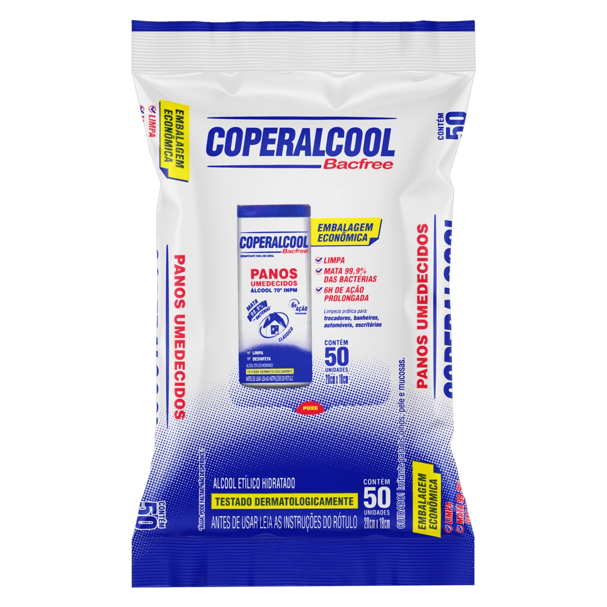 Pano Umedecido Com álcool 70° Inpm Clássico Coperalcool Bacfree Pacote 50 Unidades Embalagem Econômi