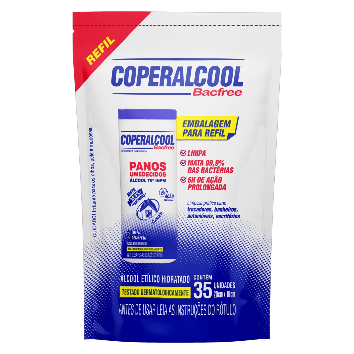 Pano Umedecido Com álcool 70° Inpm Clássico Coperalcool Bacfree Sachê 35 Unidades Refil