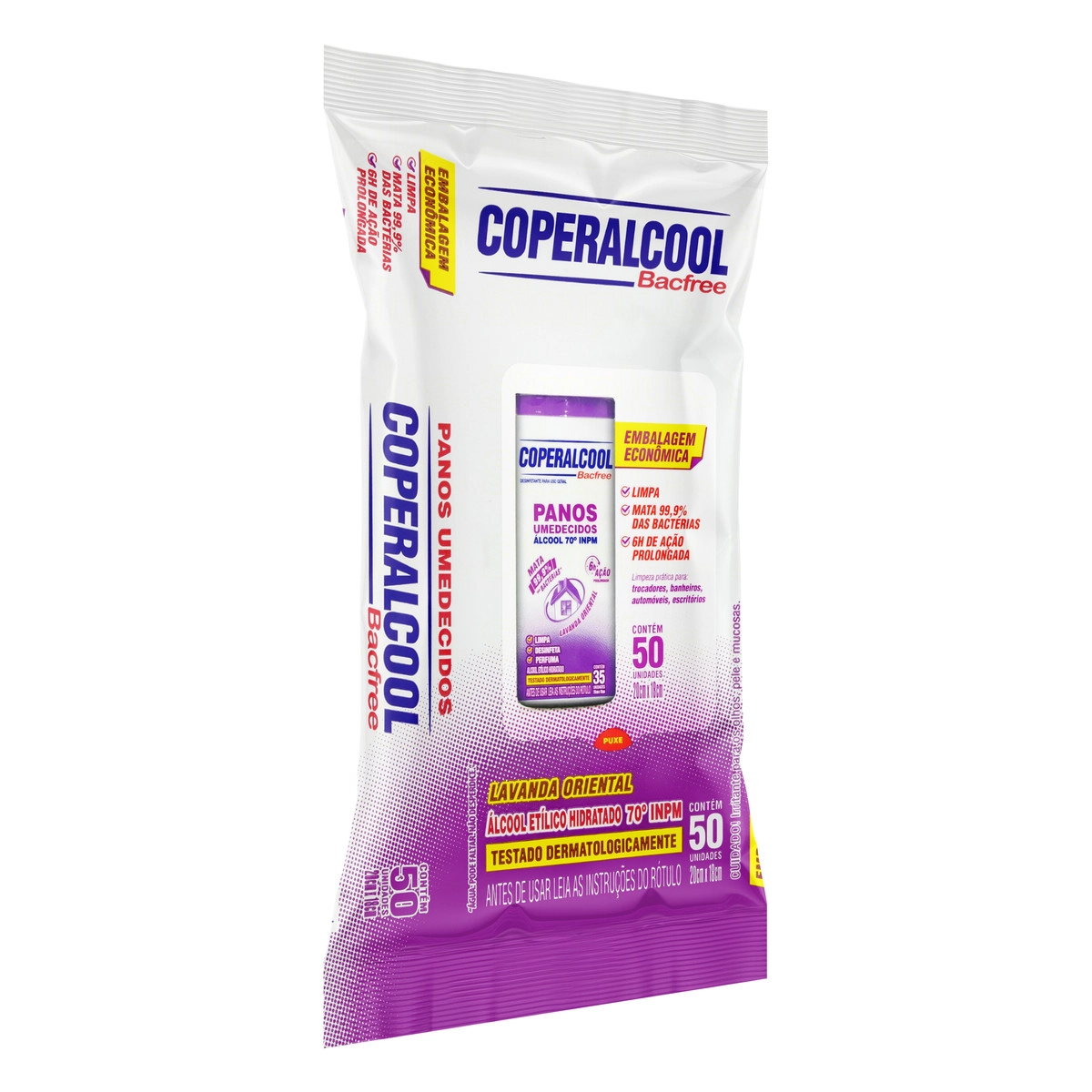 Pano Umedecido Com álcool 70° Inpm Lavanda Oriental Coperalcool Bacfree Pacote 50 Unidades Embalagem