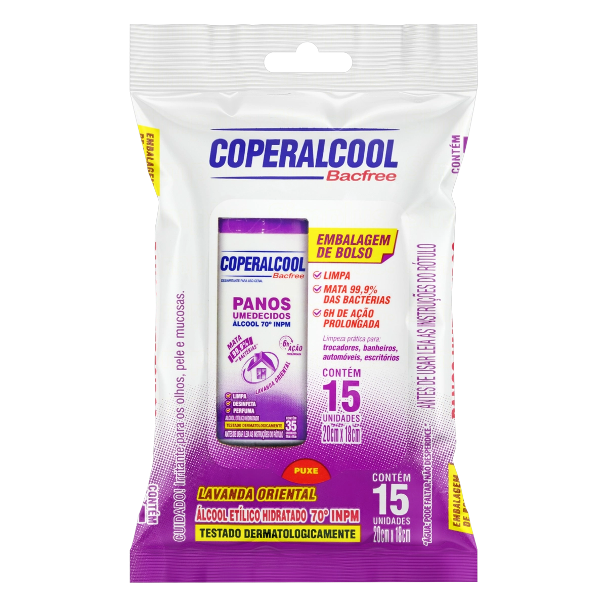 Pano Umedecido Com álcool 70° Inpm Lavanda Oriental Coperalcool Bacfree Pacote 15 Unidades
