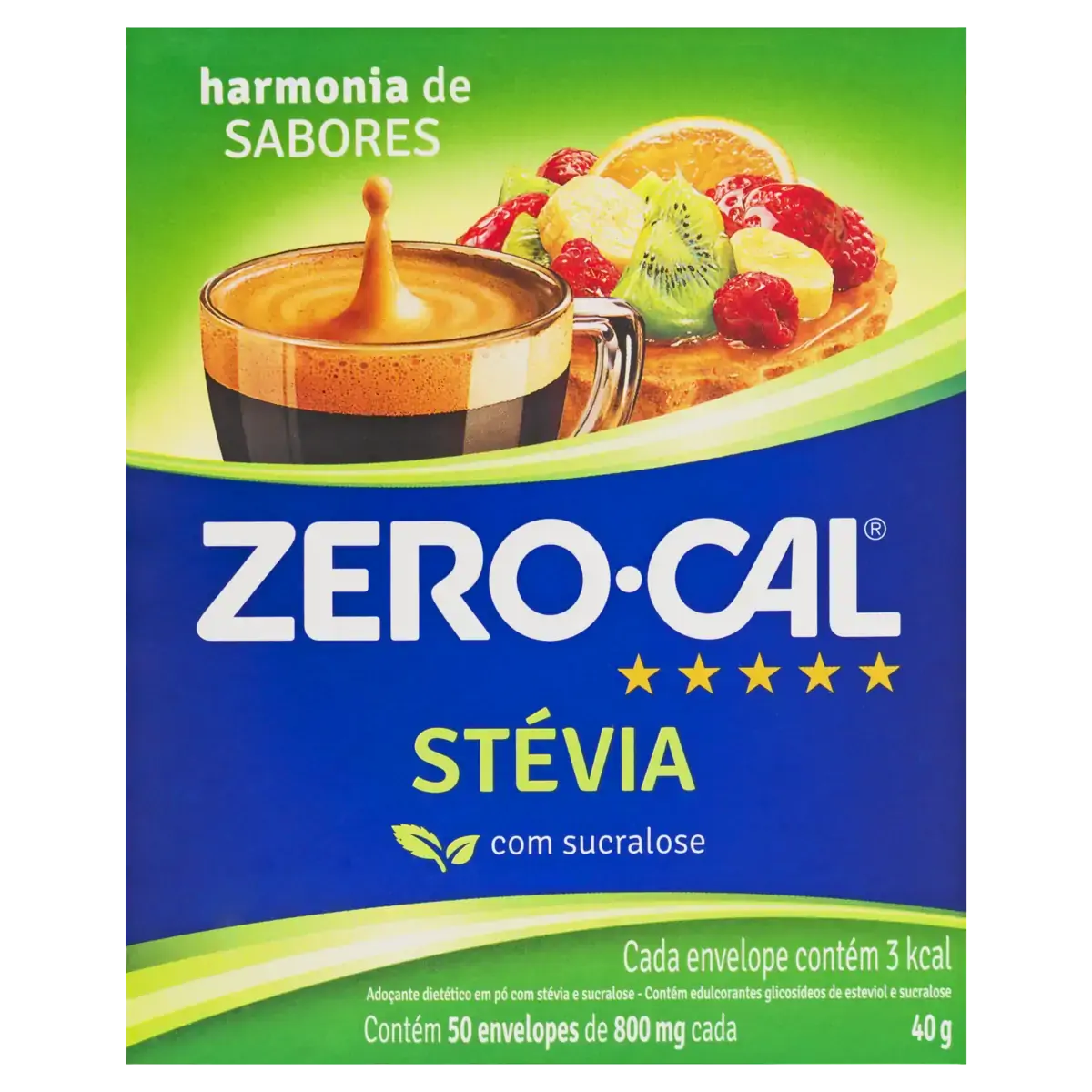 Adoçante Em Pó Stevia Com Sucralose Zero Cal Caixa 40g 50 Unidades