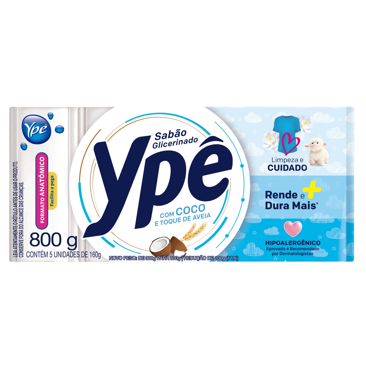 Sabão Barra Glicerinado Coco Ypê Pacote 900g 5 Unidades