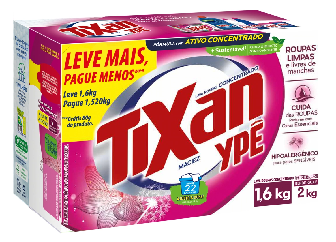 Lava Roupas Pó Concentrado Maciez Tixan Ypê Caixa Leve 1,6kg Pague 1,52kg