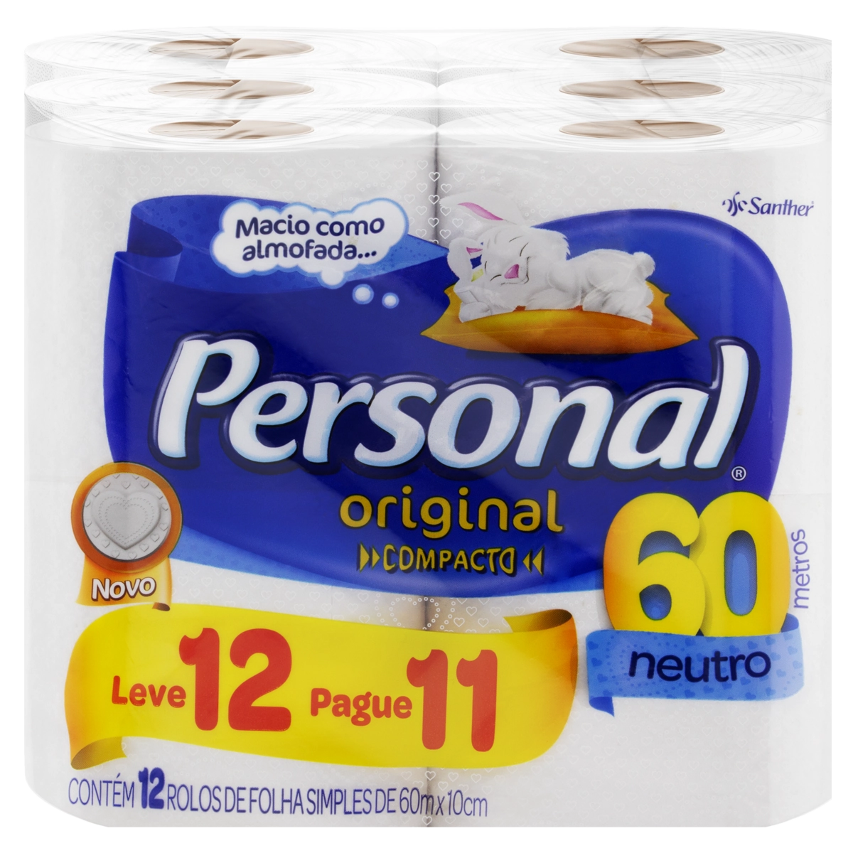 Papel Higiênico Folha Simples Neutro Personal 60m Pacote Leve 12 Pague 11 Unidades