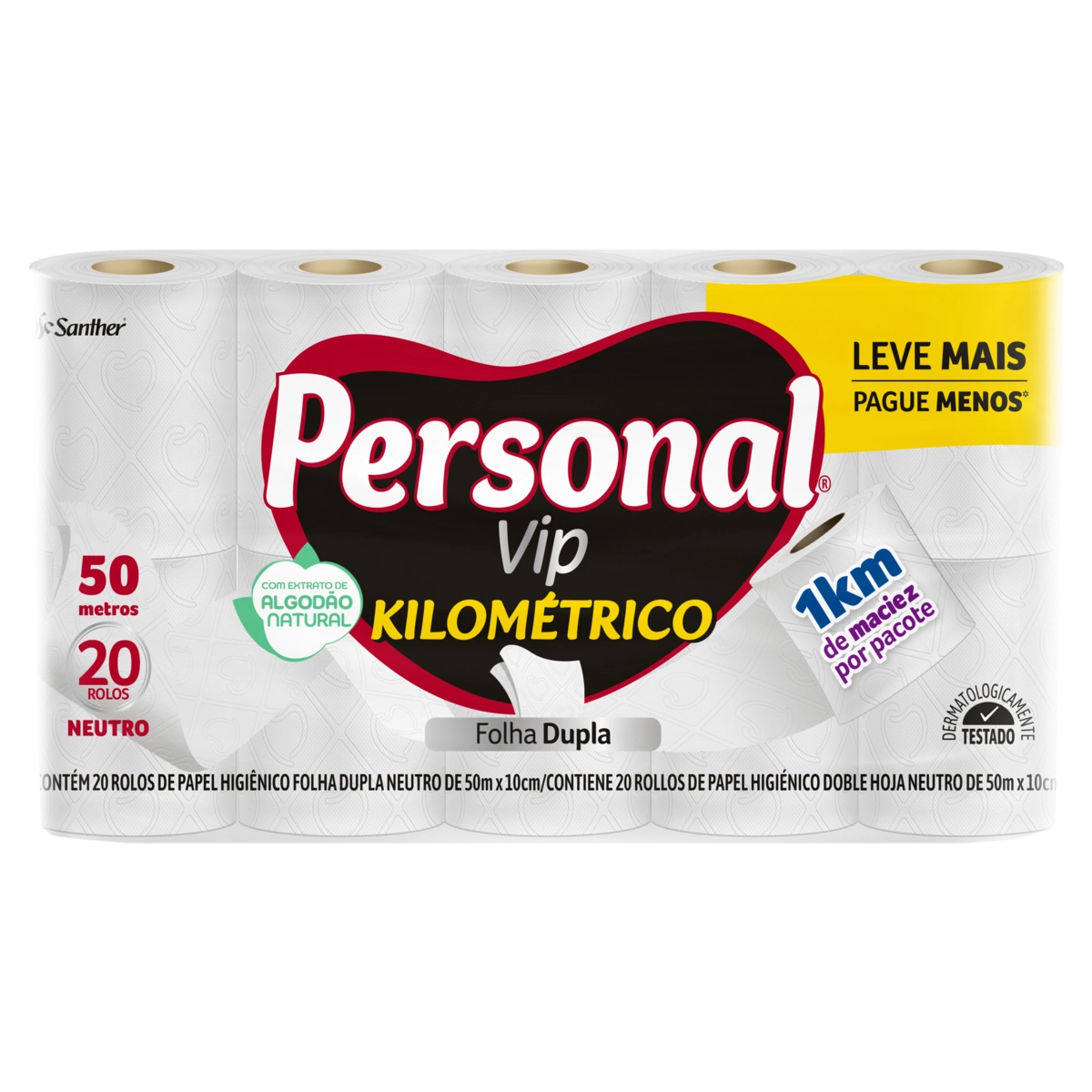 Papel Higiênico Folha Dupla Neutro Personal Vip Kilométrico 50m Pacote 20 Unidades Leve Mais Pague M