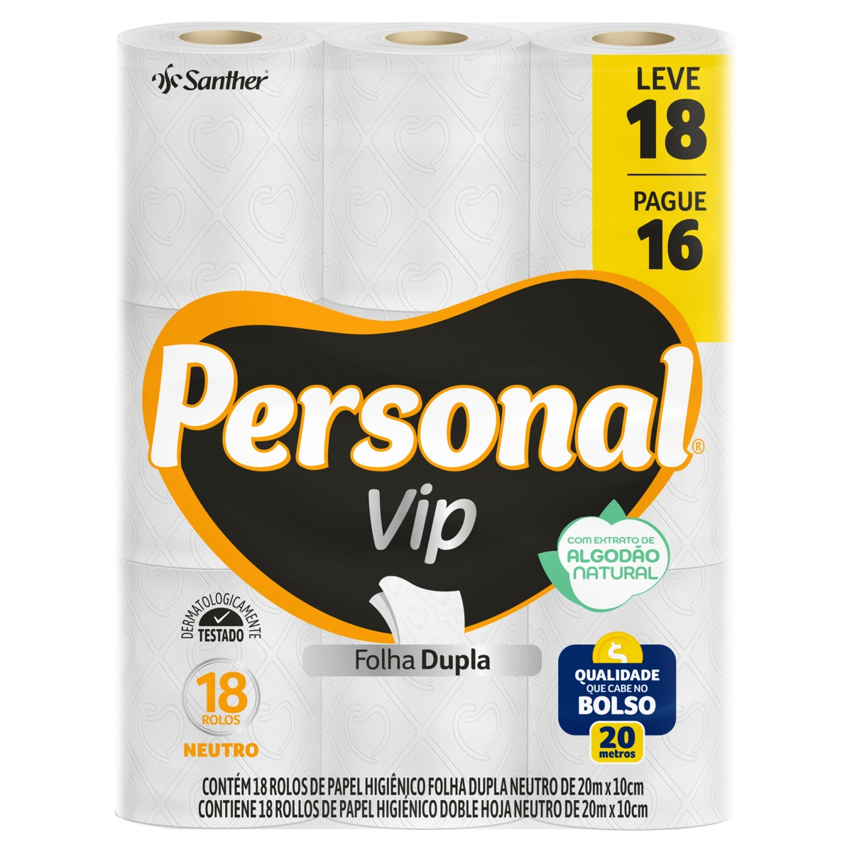 Papel Higiênico Folha Dupla Neutro Personal Vip 20m Pacote Leve 18 Pague 16 Unidades