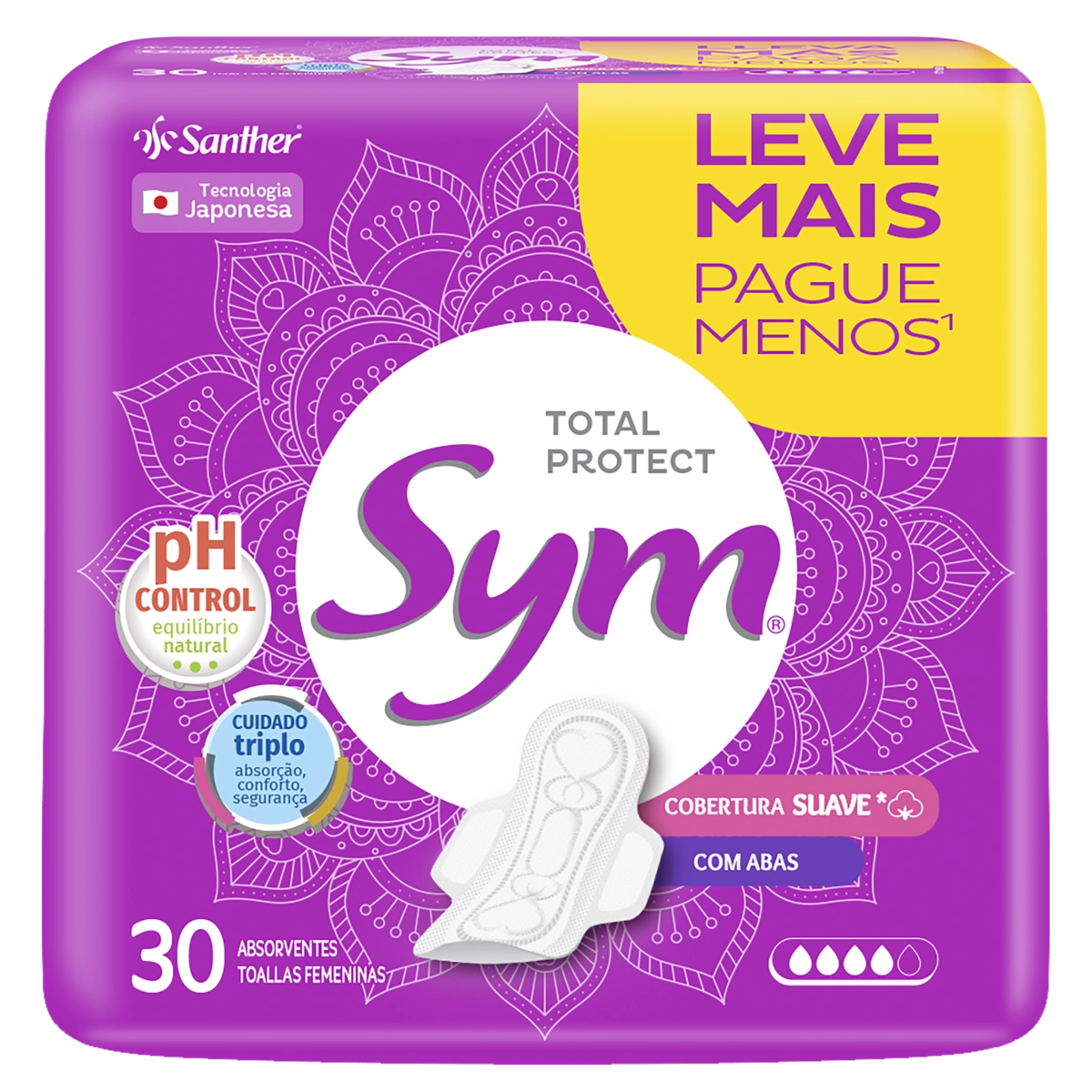 Absorvente Com Abas Total Protect Suave Sym Pacote 30 Unidades Leve Mais Pague Menos