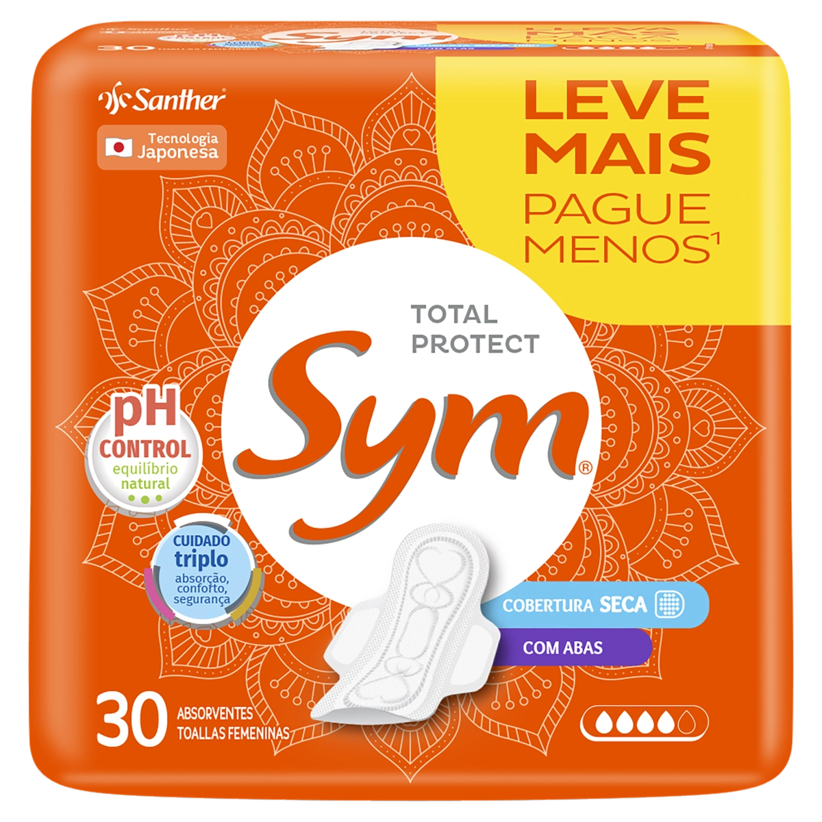 Absorvente Com Abas Total Protect Seca Sym Pacote 30 Unidades Leve Mais Pague Menos