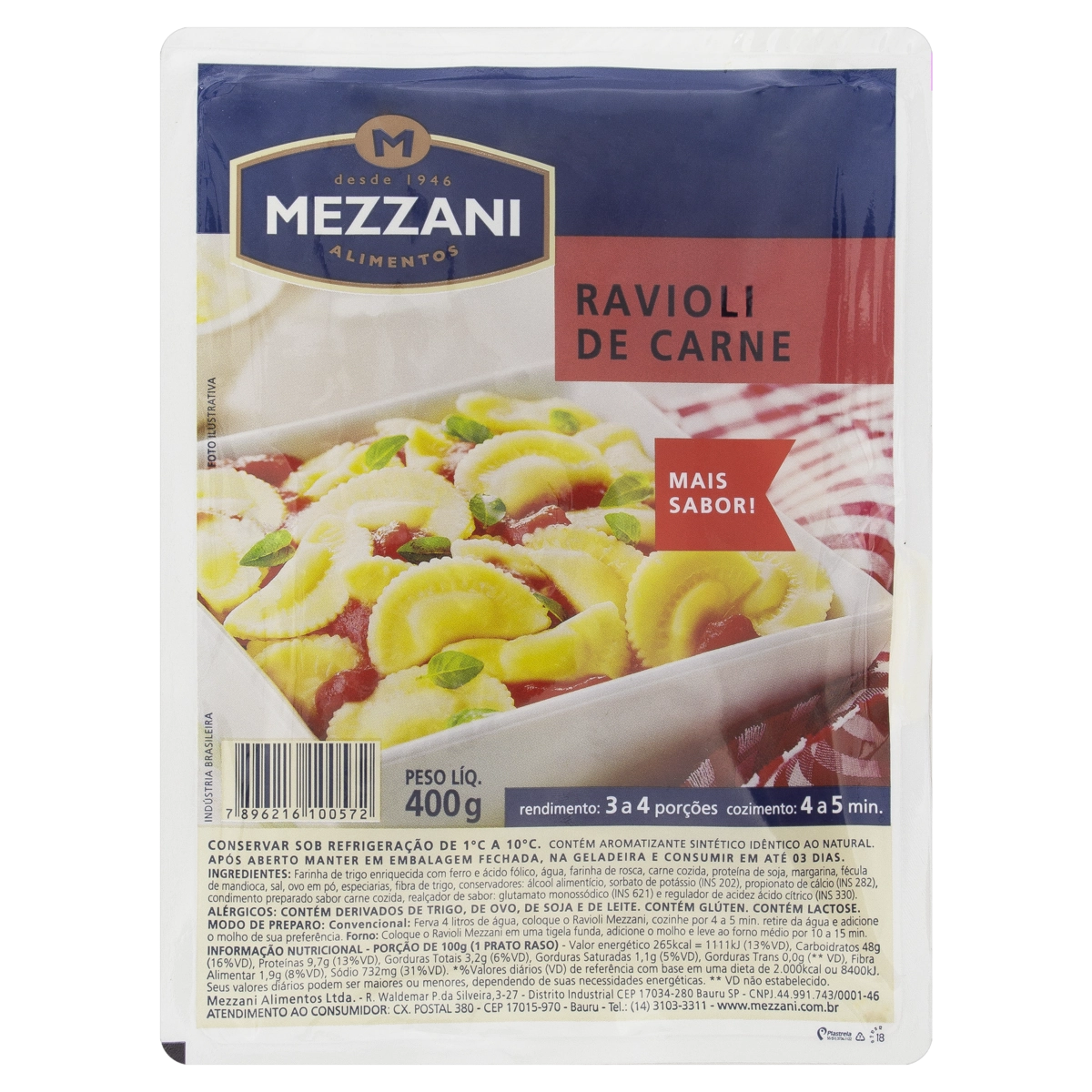 Ravióli Carne Mezzani Bandeja 400g