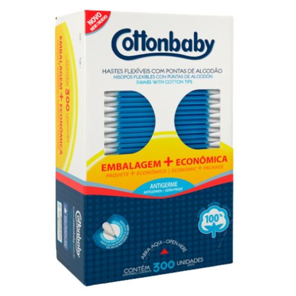 Hastes Flexíveis Cottonbaby Caixa 300 Unidades Embalagem Econômica