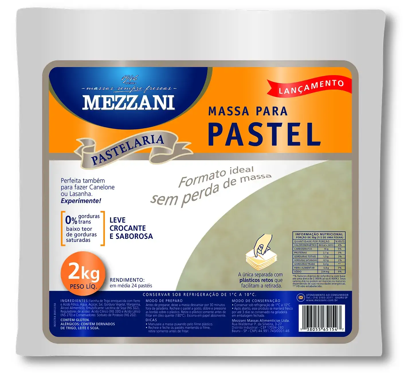 Massa Pastel Quadrado 2kg Massa Leve