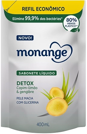 Sabonete Líquido Detox Capim Limão Gengibre Monange Sachê 400ml Refil Econômico