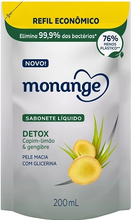 Sabonete Líquido Detox Capim Limão Gengibre Monange Sachê 200ml Refil Econômico
