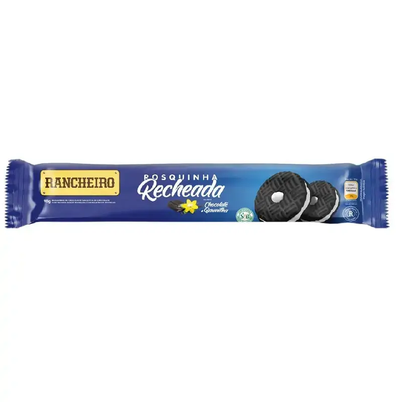 Biscoito Rosquinha Vegano Chocolate Recheio Baunilha Rancheiro Pacote 90g