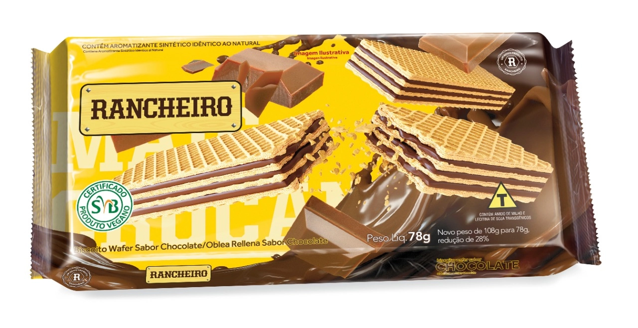 Biscoito Wafer Vegano Recheio Chocolate Rancheiro Pacote 78g