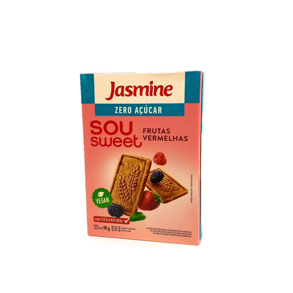 Biscoito Vegano Integral Frutas Vermelhas Zero Açúcar Jasmine Sou Sweet Caixa 75g