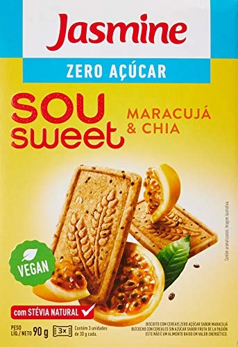 Biscoito Vegano Integral Maracujá Chia Zero Açúcar Jasmine Sou Sweet Caixa 75g