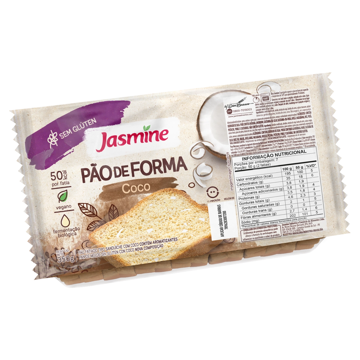 Pão De Forma Coco Sem Glúten Vegano Jasmine Bandeja 350g