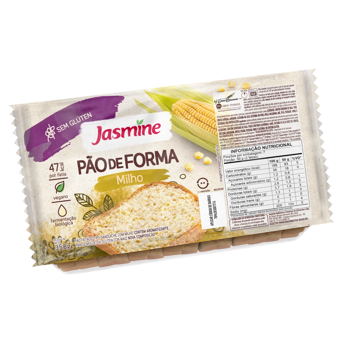 Pão De Forma Milho Sem Glúten Vegano Jasmine Bandeja 350g