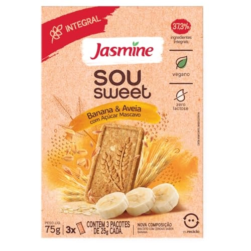 Biscoito Vegano Integral Banana Aveia Jasmine Sou Sweet Caixa 75g