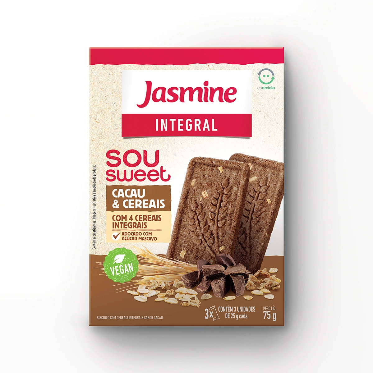 Biscoito Vegano Integral Cacau Cereais Jasmine Sou Sweet Caixa 75g