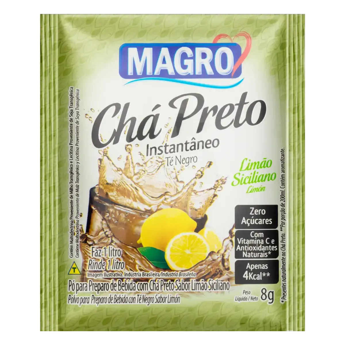 Chá Preto Instantâneo Limão Siciliano Zero Açúcar Magro Pacote 8g