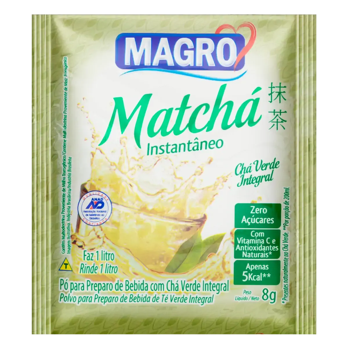 Chá Verde Instantâneo Integral Zero Açúcar Magro Matchá Pacote 8g