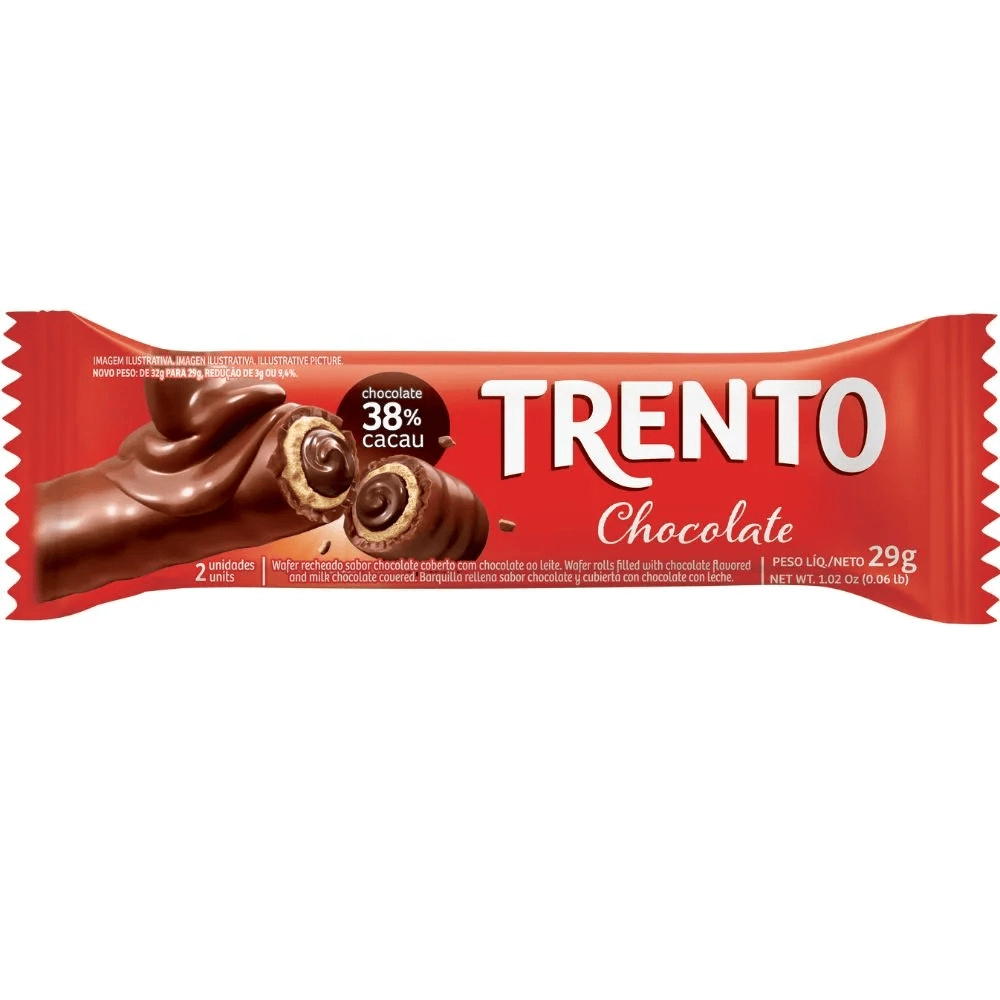 Wafer Recheio Chocolate Cobertura Chocolate Ao Leite Trento Pacote 32g