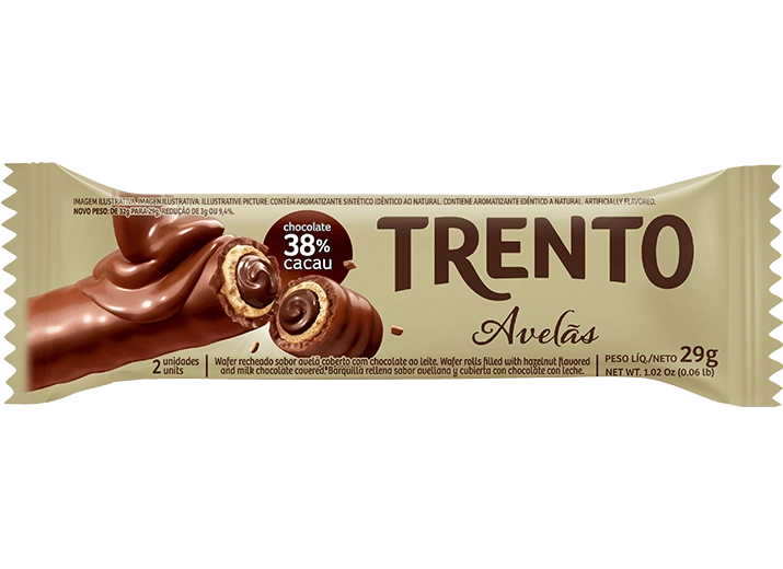 Wafer Recheio Avelã Cobertura Chocolate Ao Leite Trento Pacote 32g